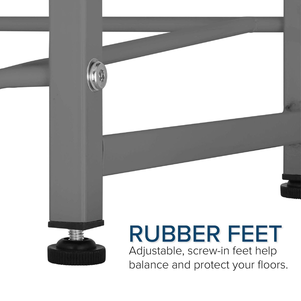 Close-up of gray metal legs with adjustable rubber feet on the Single Column 2-Bottle Storage Rack - Gray. Screw-in feet balance the stainless steel rack and protect floors. Blue text: RUBBER FEET Adjustable for balance and protection.