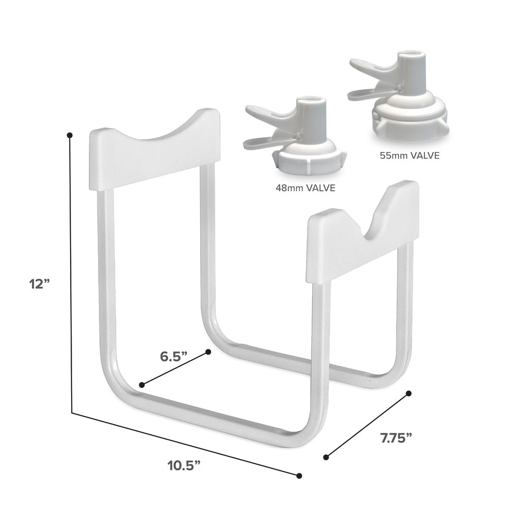 The Brio Stainless Steel Single Water Bottle Stand in white features open ends, curved top edges, and measures 12"H x 10.5"D x 7.75"W. Shown with two valve sizes (48mm & 55mm), it's ideal for 3-gallon or 5-gallon bottles.