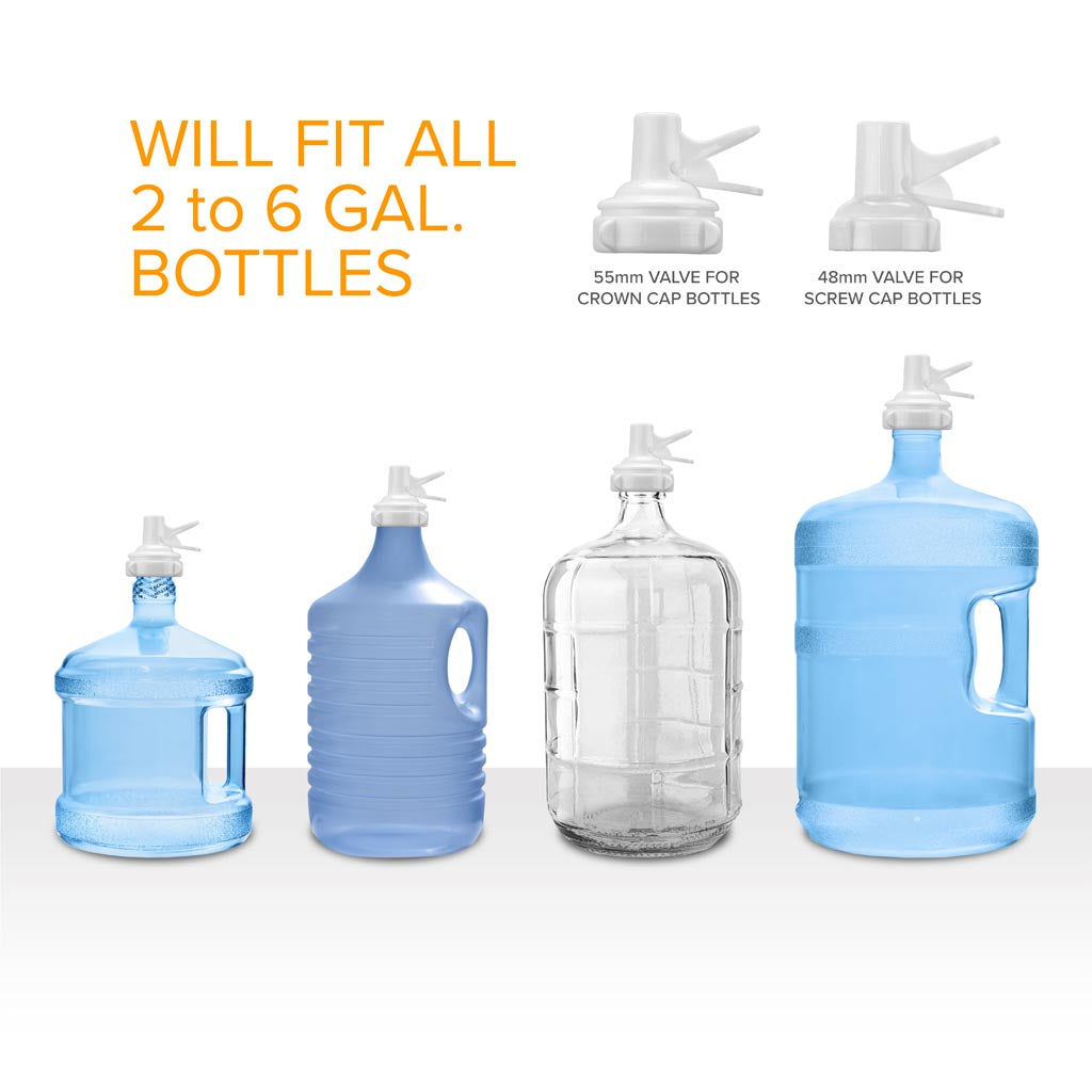 The Brio Stainless Steel Single Water Bottle Stand - White fits 2-6 gallon blue or clear bottles (55mm crown or 48mm screw caps) with top valves. Perfect for countertop or stainless steel water dispensers.