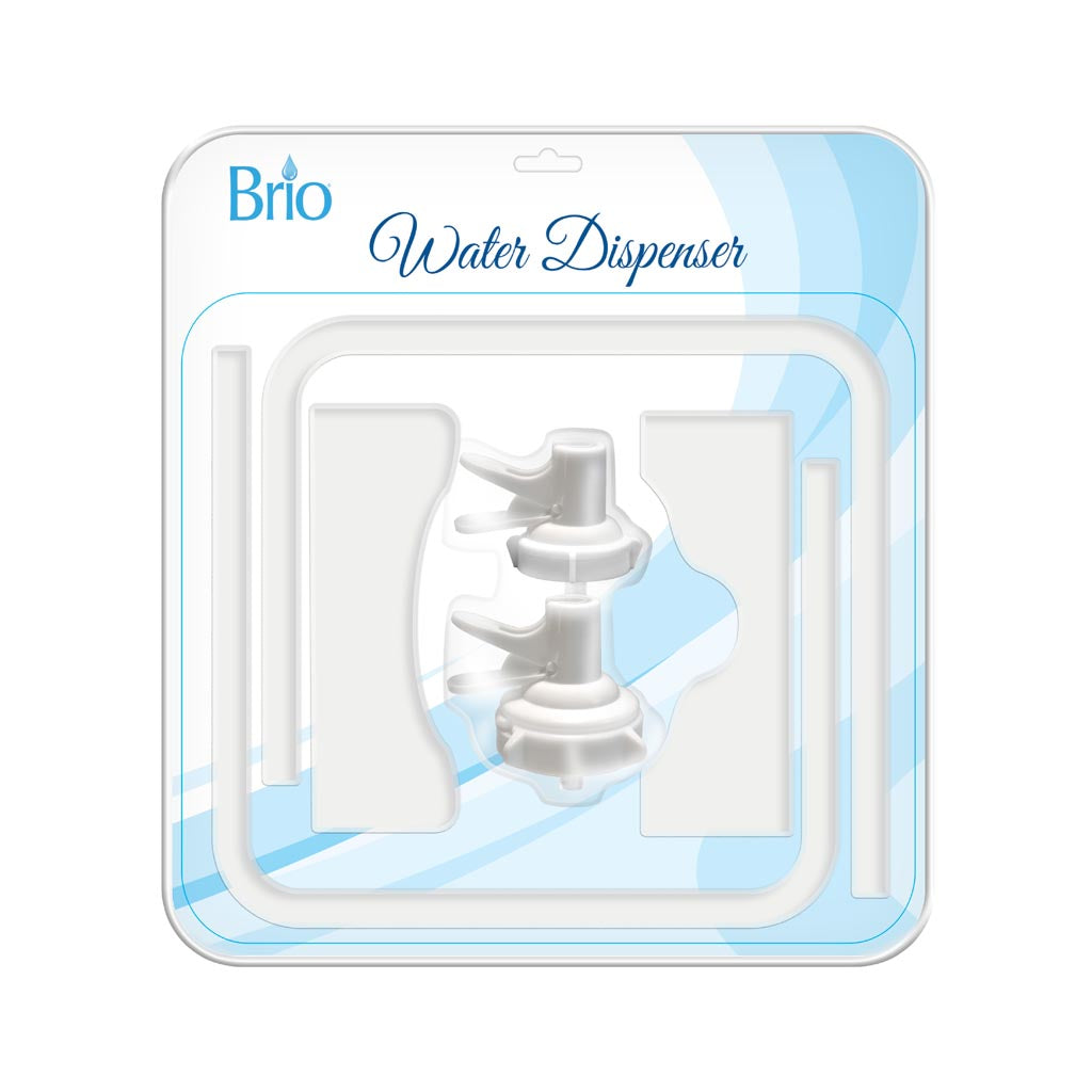 Packaging for Brio Stainless Steel Single Water Bottle Stand spigots includes two white parts in a clear case with blue and white branding—ideal for your water dispenser or any 3-5 gallon bottle stand.