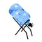 A large blue water jug sits upside down on a Metal Foldable Bottle Stand - Black, featuring a spigot and screw cap valves for easy dispensing.