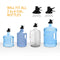 The Metal Foldable Bottle Stand - Black fits all 2 to 6 gal. bottles, whether crown or screw cap types. Image shows four large water bottles with two kinds of black screw cap valves and labeled valve sizes.
