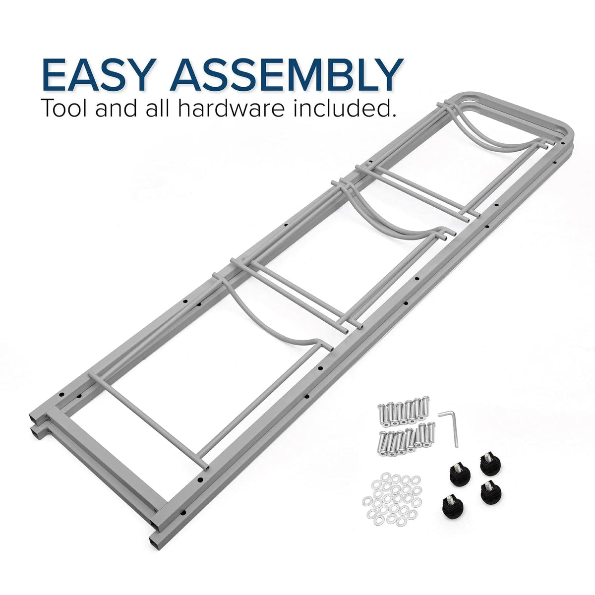 Parts for the Single Column 5-Bottle Storage Rack - Gray, including screws, washers, plastic caps, and an Allen wrench, are arranged on a white surface. Blue text reads: EASY ASSEMBLY – All hardware and tool included.
