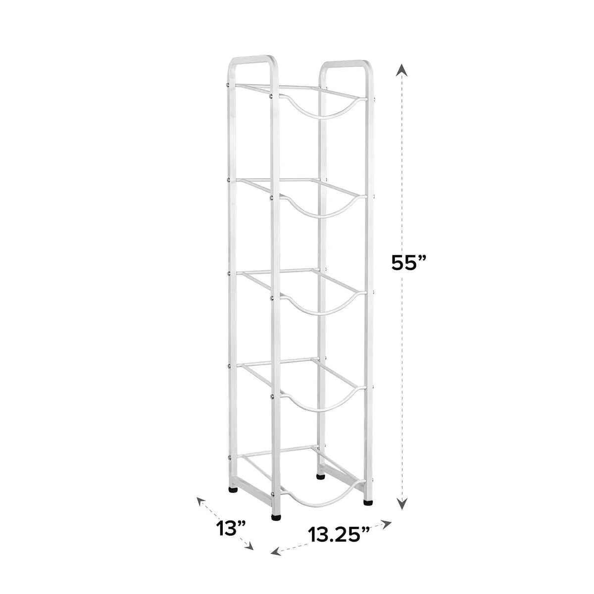 The Single Column 5-Bottle Storage Rack - White is a tall, narrow water bottle rack with five shelves, measuring 55"H x 13"D x 13.25"W. It features black foot pads and a durable metal design for stable bottle storage.