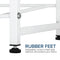 Close-up of the bottom of the Single Column 5-Bottle Storage Rack - White with adjustable black rubber feet. Text: RUBBER FEET. Screw-in feet balance the rack and protect your floors when storing 5-gallon water bottles.
