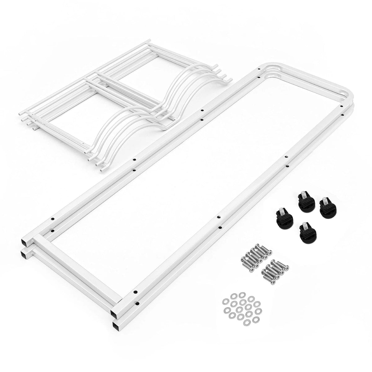 Metal frame parts, screws, washers, and plastic caps are displayed on a white background, ready for assembly of the Double Column 8-Bottle Storage Rack - White. The stainless steel pieces indicate it's designed for bottle storage.