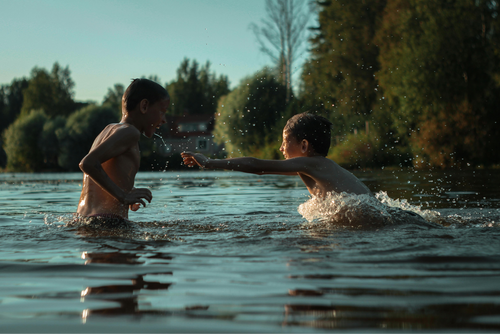 Two children playing in water