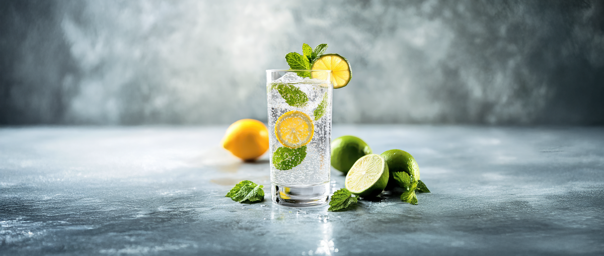 Refreshing glass of sparkling water with lemon and mint