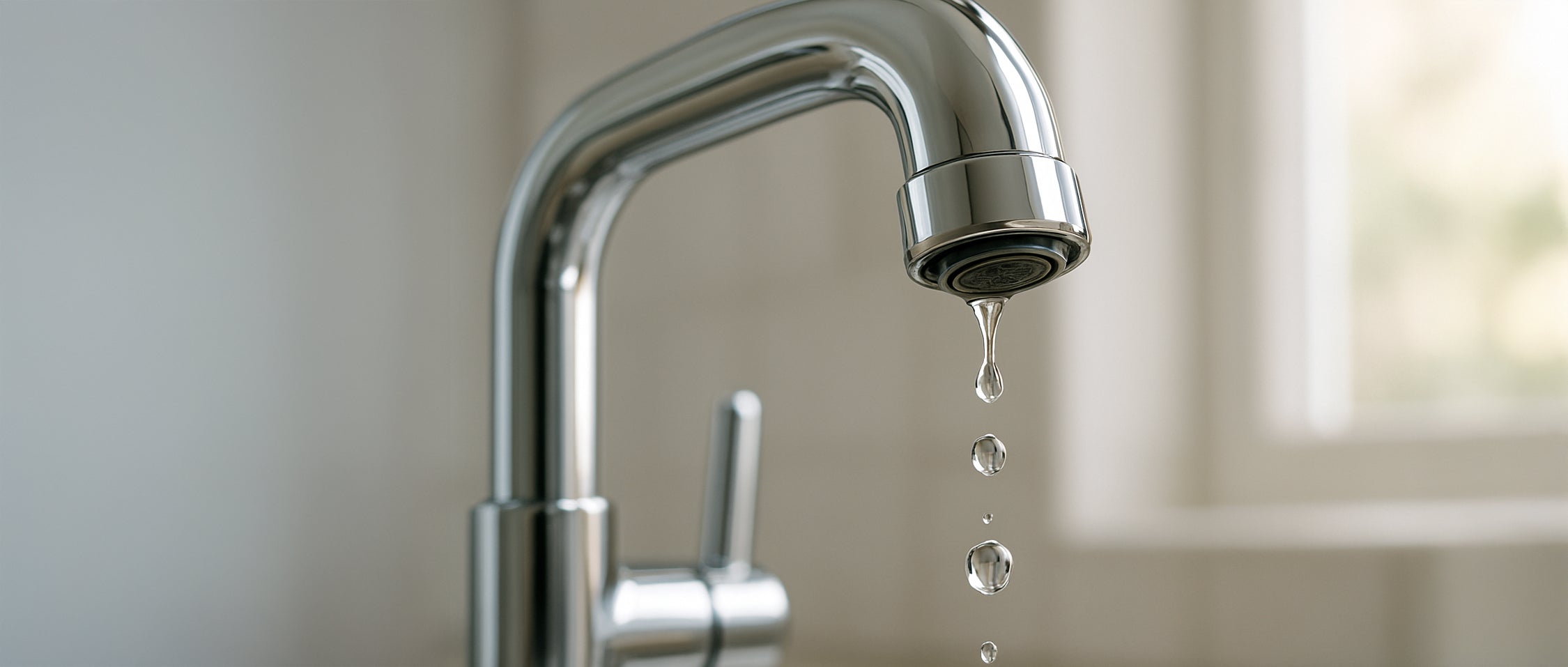 Close-up of a modern chrome kitchen faucet with water droplets dripping from the spout, set against a softly blurred background with natural light coming through a window.