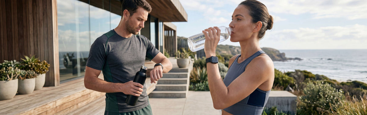 Man and woman checking a fitness watch while drinking water on an oceanside patio