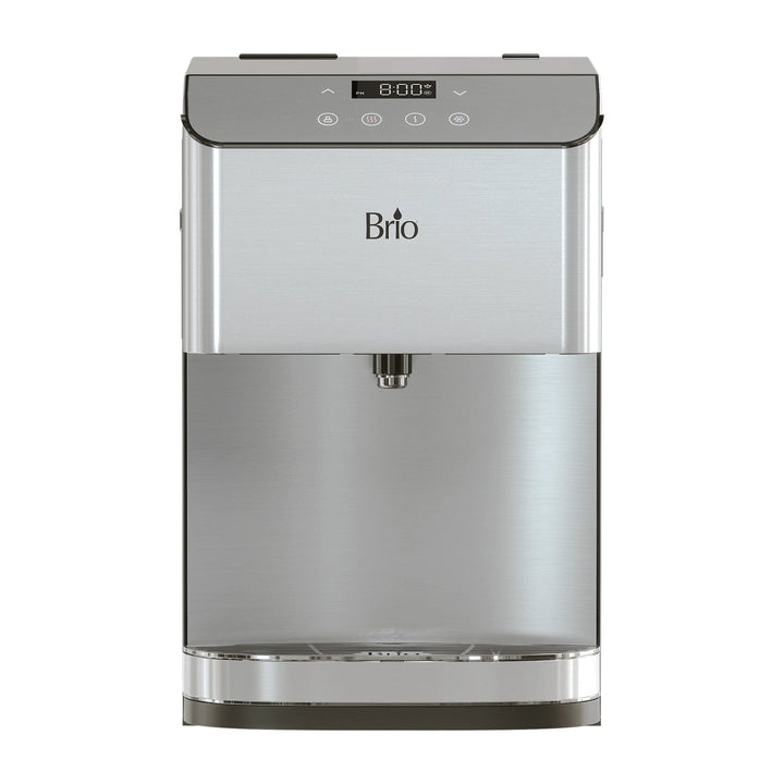 A stainless steel Brio water dispenser with a digital display, three touch buttons, and a single spout, designed for countertop use.