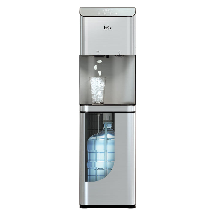 Brio Bottom Load Ice Dispenser & Bottom Load Water Cooler Dispensing Ice and cutaway showing cooler bottle on white background.