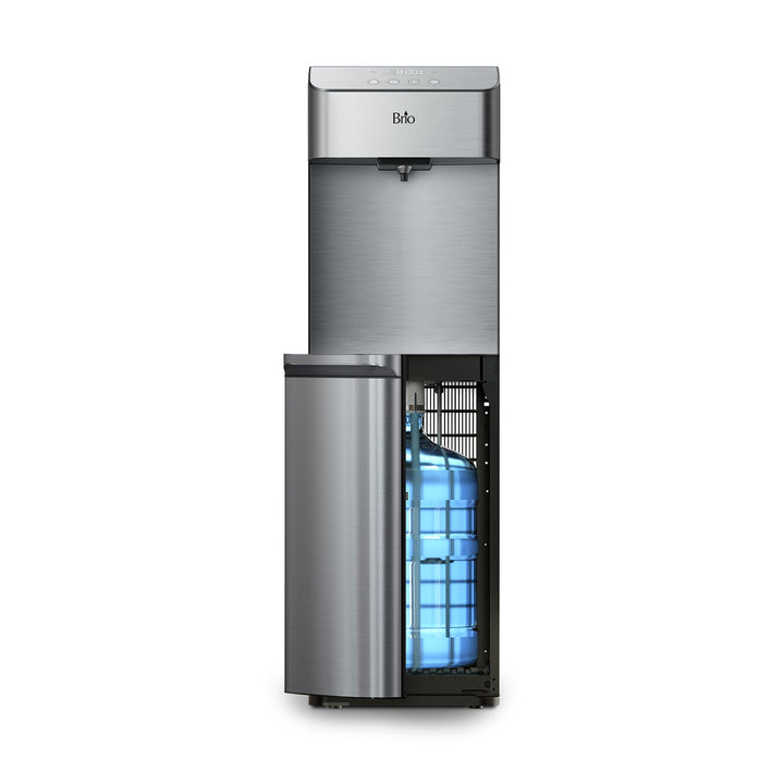 A stainless steel water cooler dispenser with a blue water jug loaded in the bottom compartment, the door open to reveal the jug inside. The upper section features push buttons for water dispensing.