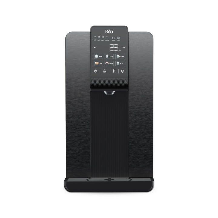 Front view of a sleek, black Brio water dispenser with a digital display, touch control panel, and a spout for dispensing water. The design is modern and minimalist.