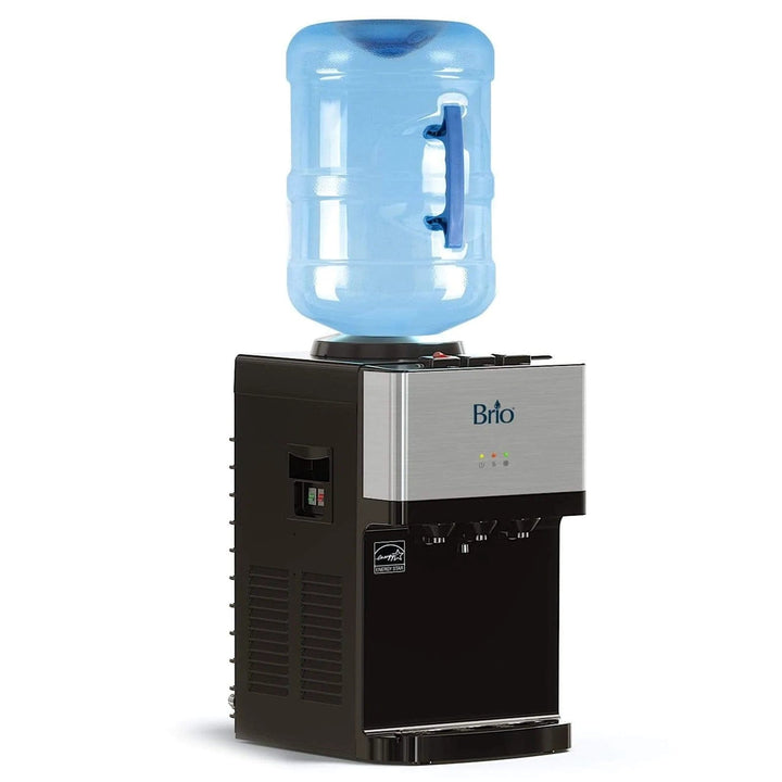 A black and silver Brio water cooler dispenser with a large blue water jug on top, featuring three spouts and indicator lights on the front.