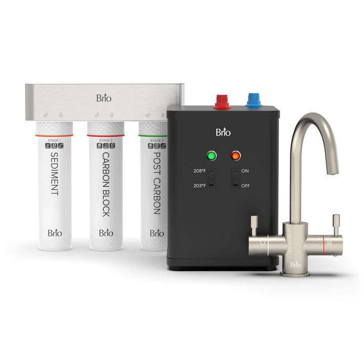 A Brio water filtration system with three labeled filter cartridges, a black control unit with buttons and lights, and a stainless steel faucet.
