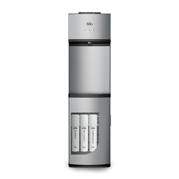 A stainless steel Brio water cooler dispenser with a top-loading design, digital display, and front water spout, standing upright against a plain background.