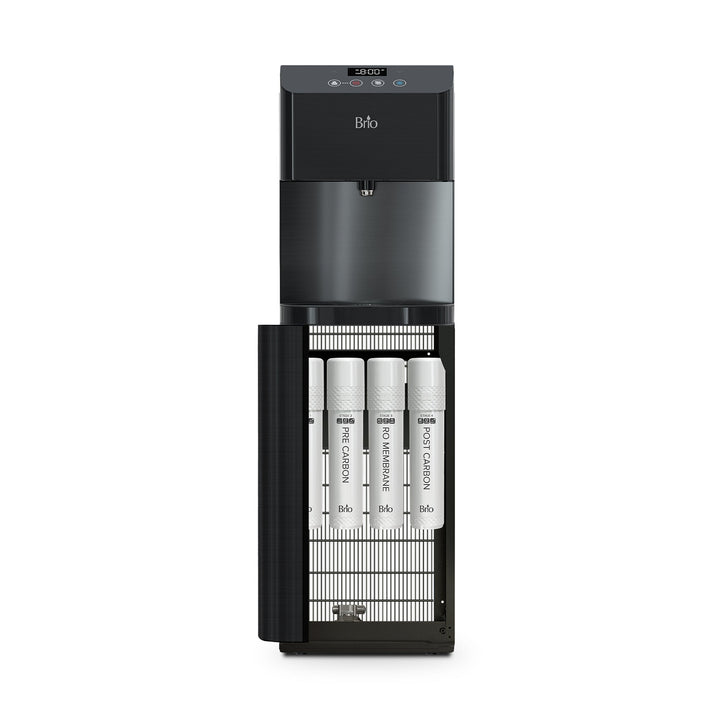 A black water dispenser with its front panel open, revealing four white filter cartridges labeled sediment, pre-carbon, RO membrane, and post-carbon.