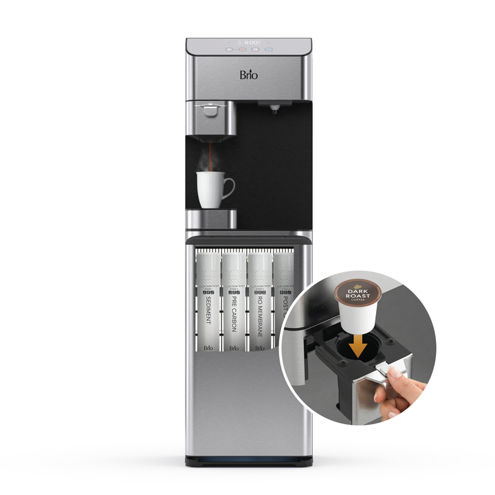 Brio water dispenser with built-in coffee pod brewer, pouring coffee into a mug.