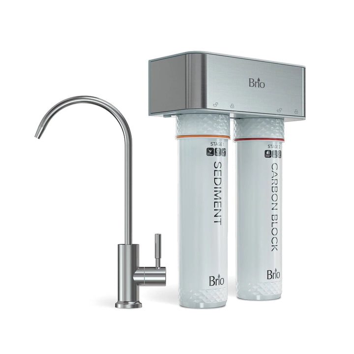 Brio under-sink water filtration system with two labeled filter cartridges (Sediment and Carbon Block) and a sleek stainless steel faucet.