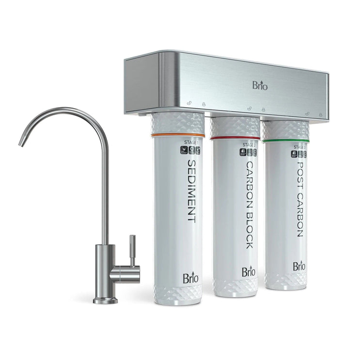 A Brio water filtration system with three labeled filter cartridges (sediment, carbon block, post carbon) and a sleek stainless steel faucet.