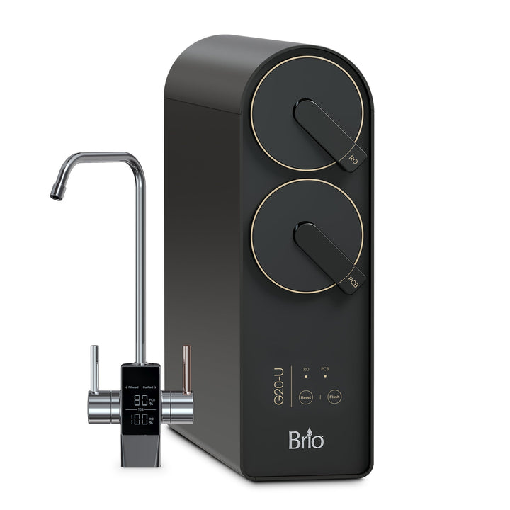 A sleek black Brio water filtration system with two large round dials, a modern digital display, and a metal faucet featuring digital temperature indicators.