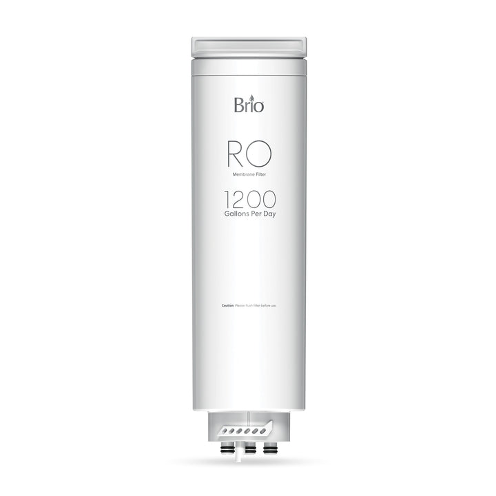 A white Brio RO membrane filter cartridge with 1200 Gallons Per Day printed on the front, shown against a plain white background.