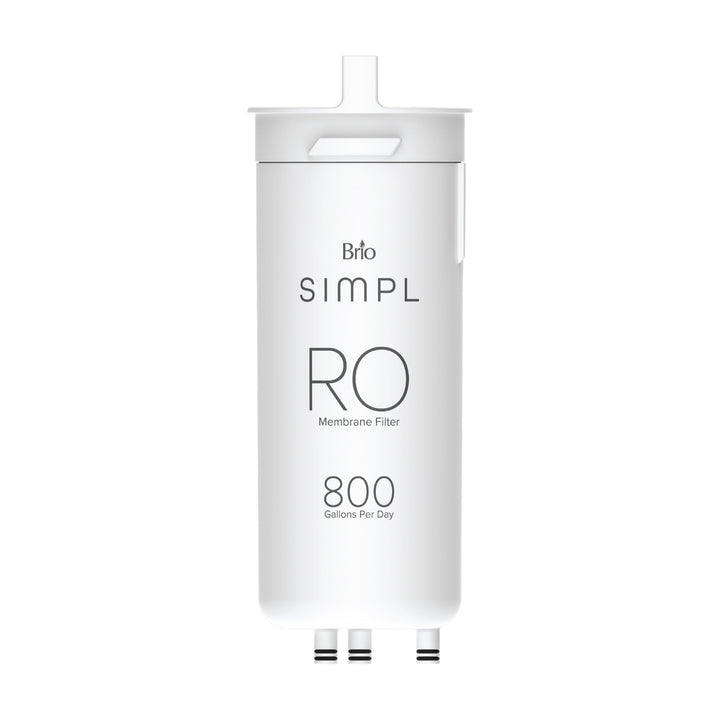 The Brio SIMPL Reverse Osmosis Membrane 800GPD - TROM800STD is a white cylindrical filter with a top handle and three bottom connectors, designed for advanced water filtration systems.