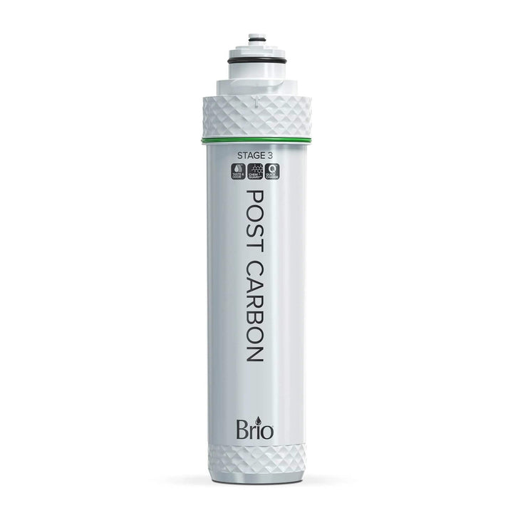 The Stage 3 Post-Carbon Water Filter for 3 Stage Under Sink Systems is a white cylindrical filter, labeled POST CARBON with STAGE 3 near the top and Brio at the bottom, and features textured caps on both ends for advanced filtration.