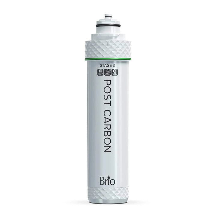 A white cylindrical water filter cartridge labeled POST CARBON, STAGE 3 with textured ends and the brand name Brio at the bottom, standing upright on a white background.