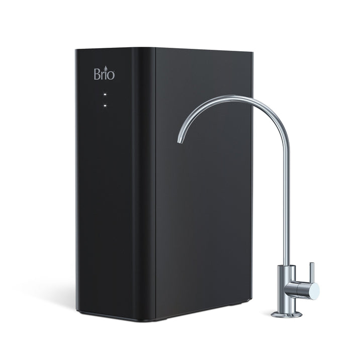 brio amphora under sink filtration system with ultrafiltration, black with chrome faucet on white background