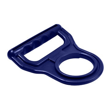 A blue plastic cup holder with a handle, designed for easy gripping and carrying of cans or bottles, featuring finger grooves for a secure hold.