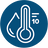 A circular blue icon with a white thermometer and water droplet symbol, plus a small '10' mark, representing 10 preset temperatures.