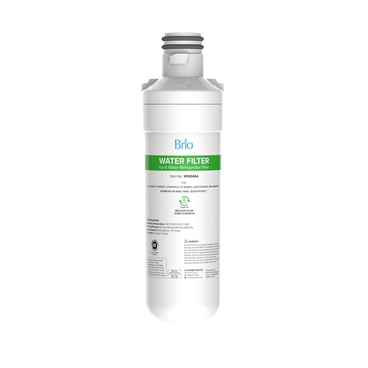 A Brio 6046A Refrigerator Filter, NSF-certified with a white body and green label, is compatible with LG models LGLT1000P, LT1000PC, LT1000PCS, LT-1000PC, and ADQ74793501. The label displays model info, instructions, and certification icons.