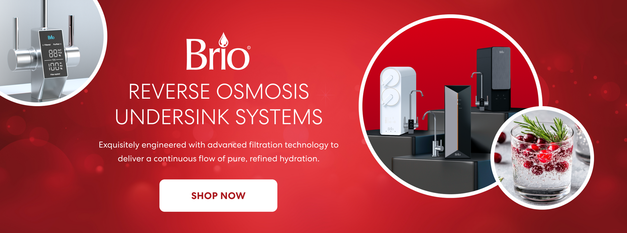 Brio reverse osmosis undersink systems banner featuring modern filtration units, digital faucet display, and a glass on water with cranberries and rosemary on a red background with text: Exquisitely engineered with advanced filtration technology to deliver a continuous flow of pure, refined hydration.