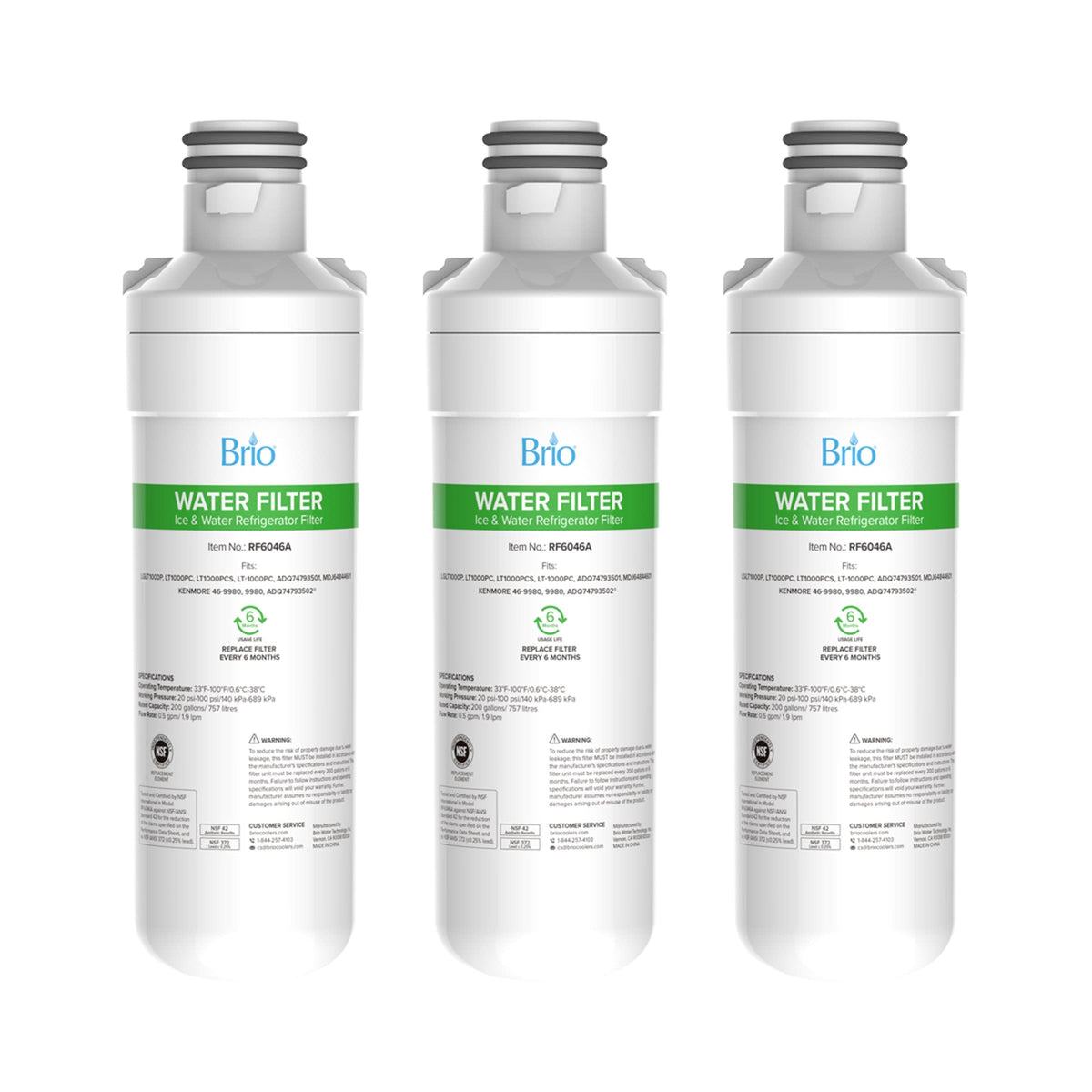 Three 6046A Refrigerator Filters (3-Pack) compatible with LGLT1000P, LT1000PC, LT1000PCS, and LT-1000PC stand upright in a row. Each filter is white with a green WATER FILTER label, featuring coconut shell carbon block technology.