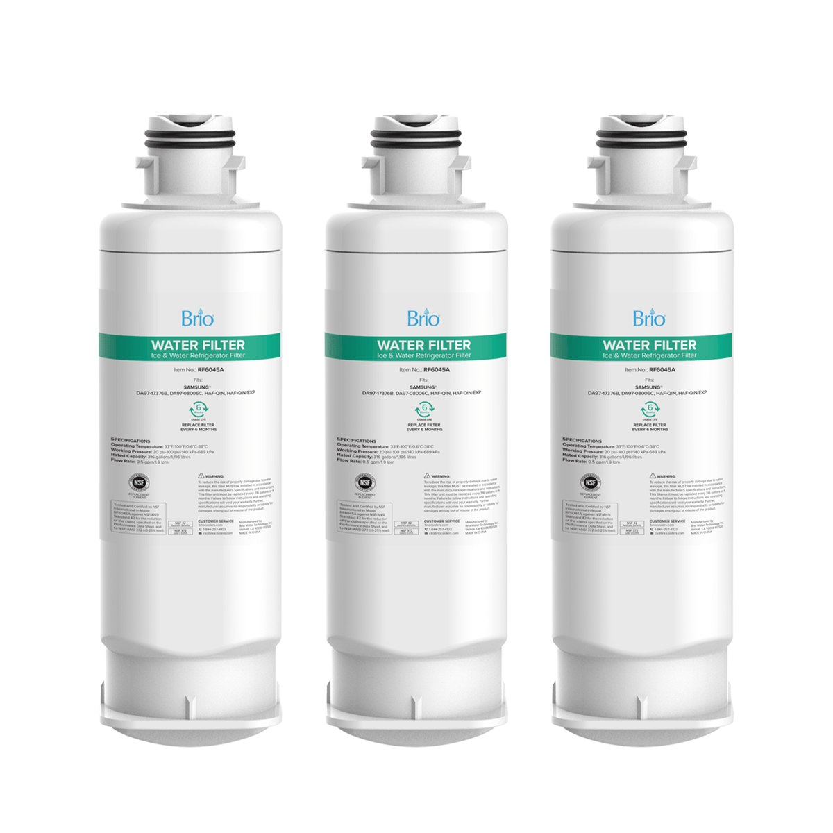 Three white Brio 6045A Refrigerator Filters (3-Pack) stand upright, each with green and black labeling and a locking top. NSF-certified, they use coconut shell carbon block for advanced filtration. Compatible with Samsung DA97-17376B, DA97-08006C, HAF-QIN/EXP.