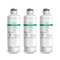 Three white Brio 6045A Refrigerator Filters (3-Pack) stand upright, each with green and black labeling and a locking top. NSF-certified, they use coconut shell carbon block for advanced filtration. Compatible with Samsung DA97-17376B, DA97-08006C, HAF-QIN/EXP.