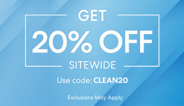 Blue promotional graphic with white text reading 'GET 20% OFF SITEWIDE' and 'Use code: CLEAN20', plus 'Exclusions May Apply' at the bottom.