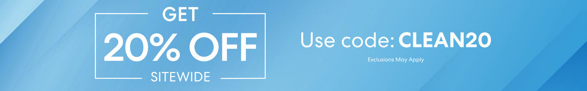 A blue promotional banner for product pages with white text offering 20% off sitewide and the code CLEAN20.
