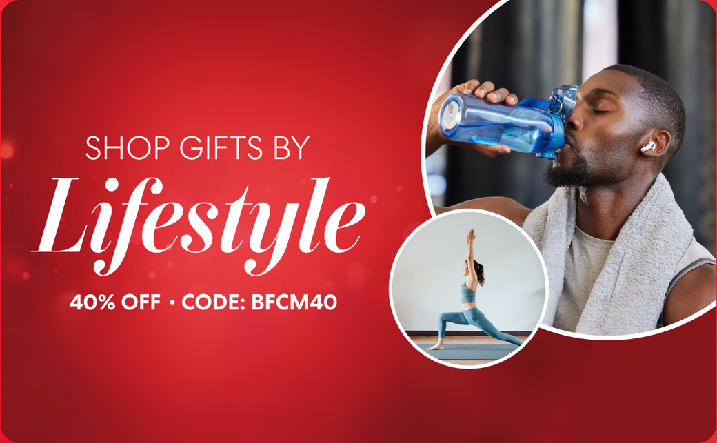 Holiday-themed Brio promotion with a red background. Text reads “Shop Gifts by Lifestyle – 40% Off • Code: BFCM40.” The image shows a man drinking from a blue water bottle after a workout and a woman practicing yoga indoors.