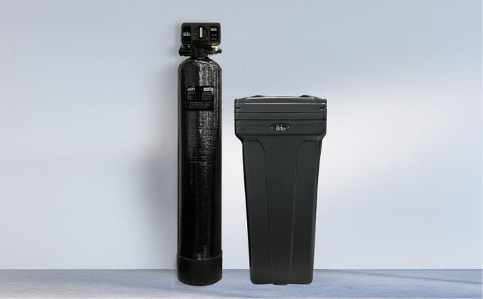 Brio water softener system featuring a tall black resin tank and matching brine tank, designed for whole home water treatment.