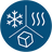 A circular blue icon with white line drawings of a snowflake, three wavy lines indicating heat, and a cube, representing the product dispenses hot and cold water as well as ice