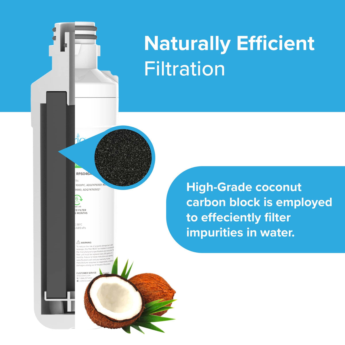 A cross-section of the 6046A Refrigerator Filter (LGLT1000P, LT1000PC, LT1000PCS, LT-1000PC, ADQ74793501) shows high-grade coconut shell carbon block for efficient water filtration. Text: “Naturally Efficient Filtration.” A coconut is pictured below.