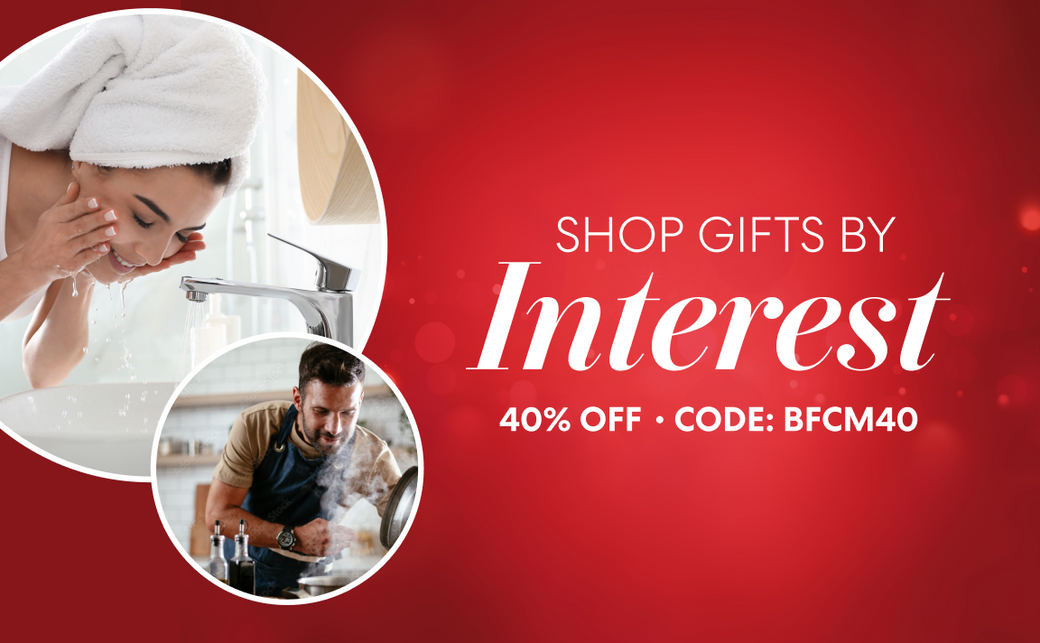Holiday-themed Brio promotion with a red background. Text reads “Shop Gifts by Interest – 40% Off • Code: BFCM40.” The image shows a woman washing her face at a bathroom sink and a man cooking in a kitchen surrounded by steam.