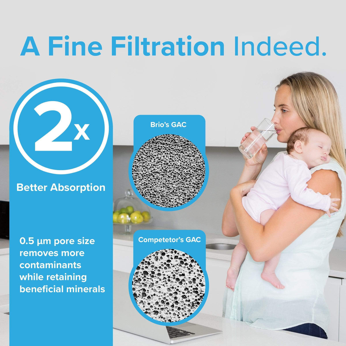 A woman in a kitchen drinks water, with text highlighting "A Fine Filtration Indeed" and images comparing the Brio 6046A Refrigerator Filter’s NSF-certified coconut shell carbon block (0.5 μm pores) to a competitor for superior absorption and filtration.