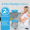 A woman in a kitchen drinks water, with text highlighting "A Fine Filtration Indeed" and images comparing the Brio 6046A Refrigerator Filter’s NSF-certified coconut shell carbon block (0.5 μm pores) to a competitor for superior absorption and filtration.