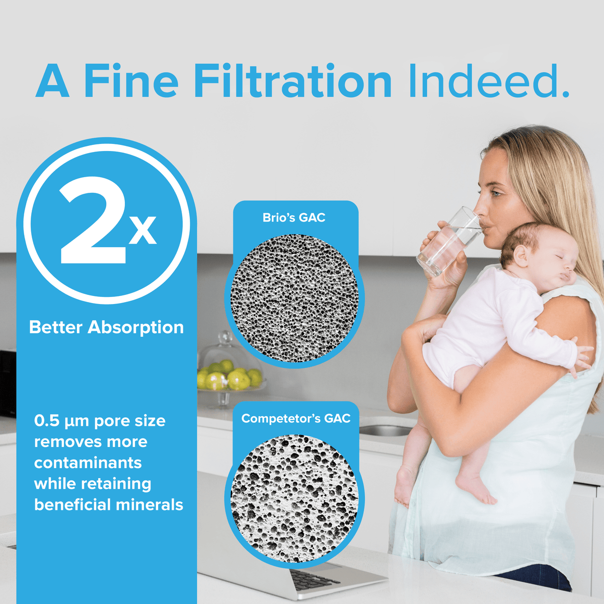 A woman with a baby drinks water in her kitchen as text promotes Brio 6045A Refrigerator Filters’ NSF-certified coconut shell carbon block, “2x better absorption,” and “0.5 μm pore size,” with insets comparing Brio’s GAC filter to a competitor’s.