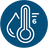 A blue circular icon with a white thermometer and water droplet, plus a small '6' mark, representing the product has 6 temperature options.