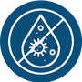 blue circular background with white image representing product filters 99.9% of contaminants.
